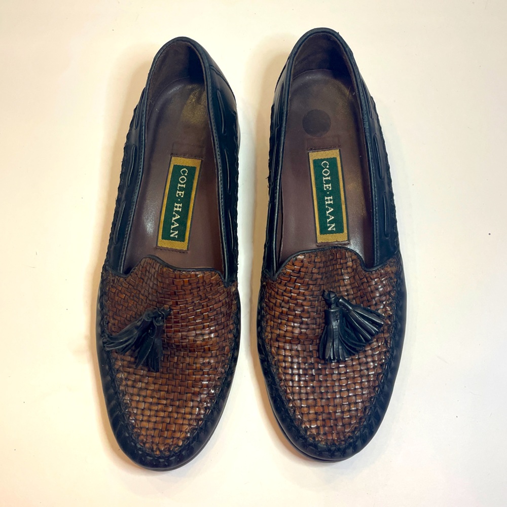 Vintage 90s leather Cole Haan brown and black woven top loafer tassels size 7.5